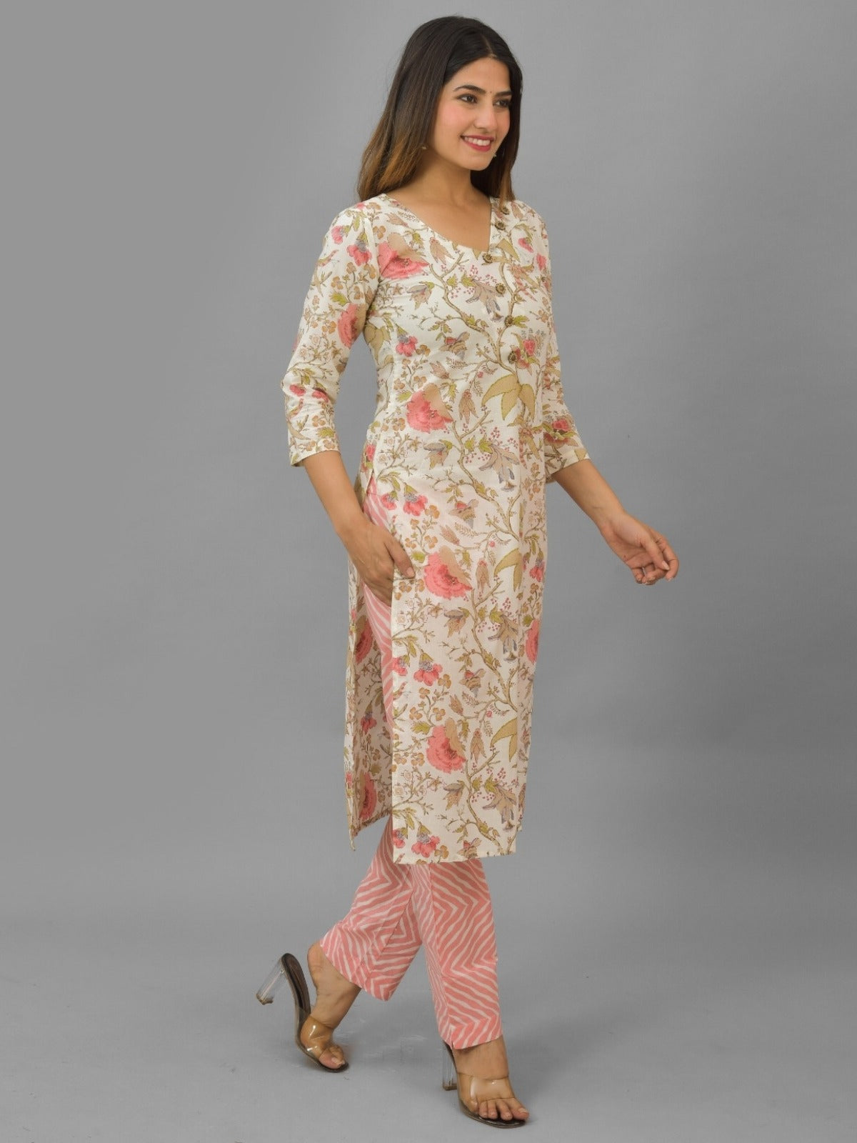 Womens Cream Flower Printed V Neck Kurta and Pant Set