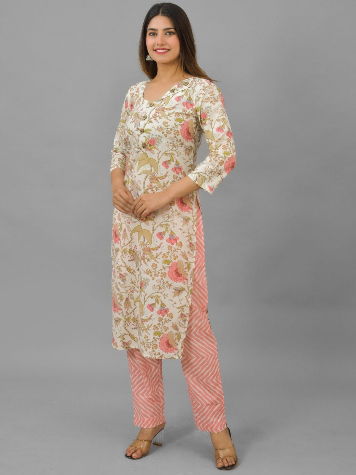 Womens Cream Flower Printed V Neck Kurta and Pant Set