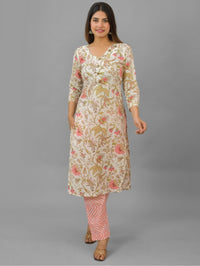 Womens Cream Flower Printed V Neck Kurta and Pant Set