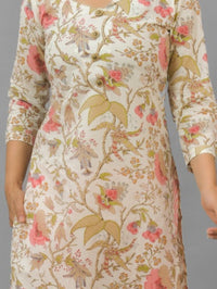 Womens Cream Flower Printed V Neck Kurta and Pant Set