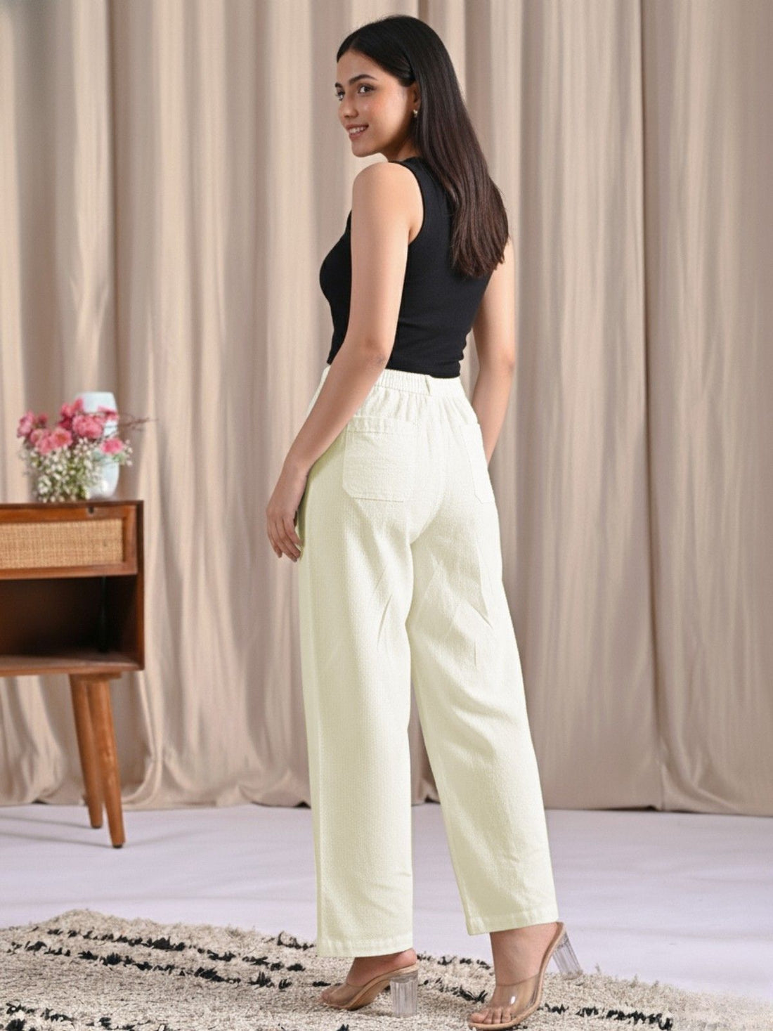 Womens Cream Cotton Wide Leg Pants