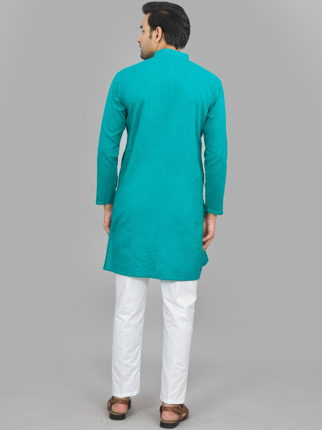 Quaclo Mens Solid Cyan Cotton Long Kurta