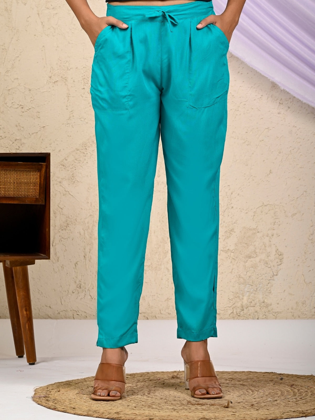 Women Regular Fit Cyan Rayon Trouser