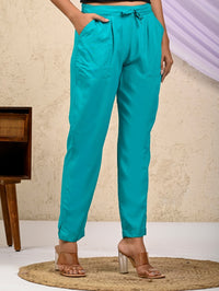 Women Regular Fit Cyan Rayon Trouser