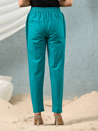 Women's Cyan Regular Fit Elastic Cotton Trouser