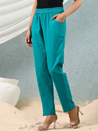 Women's Cyan Regular Fit Elastic Cotton Trouser