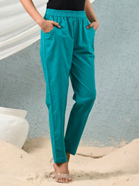 Women's Cyan Regular Fit Elastic Cotton Trouser