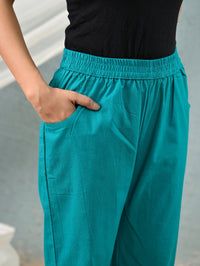 Women's Cyan Regular Fit Elastic Cotton Trouser