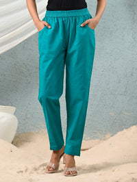 Women's Cyan Regular Fit Elastic Cotton Trouser