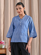 Denim Blue Handloom Cotton Anchor Thread Designer Top