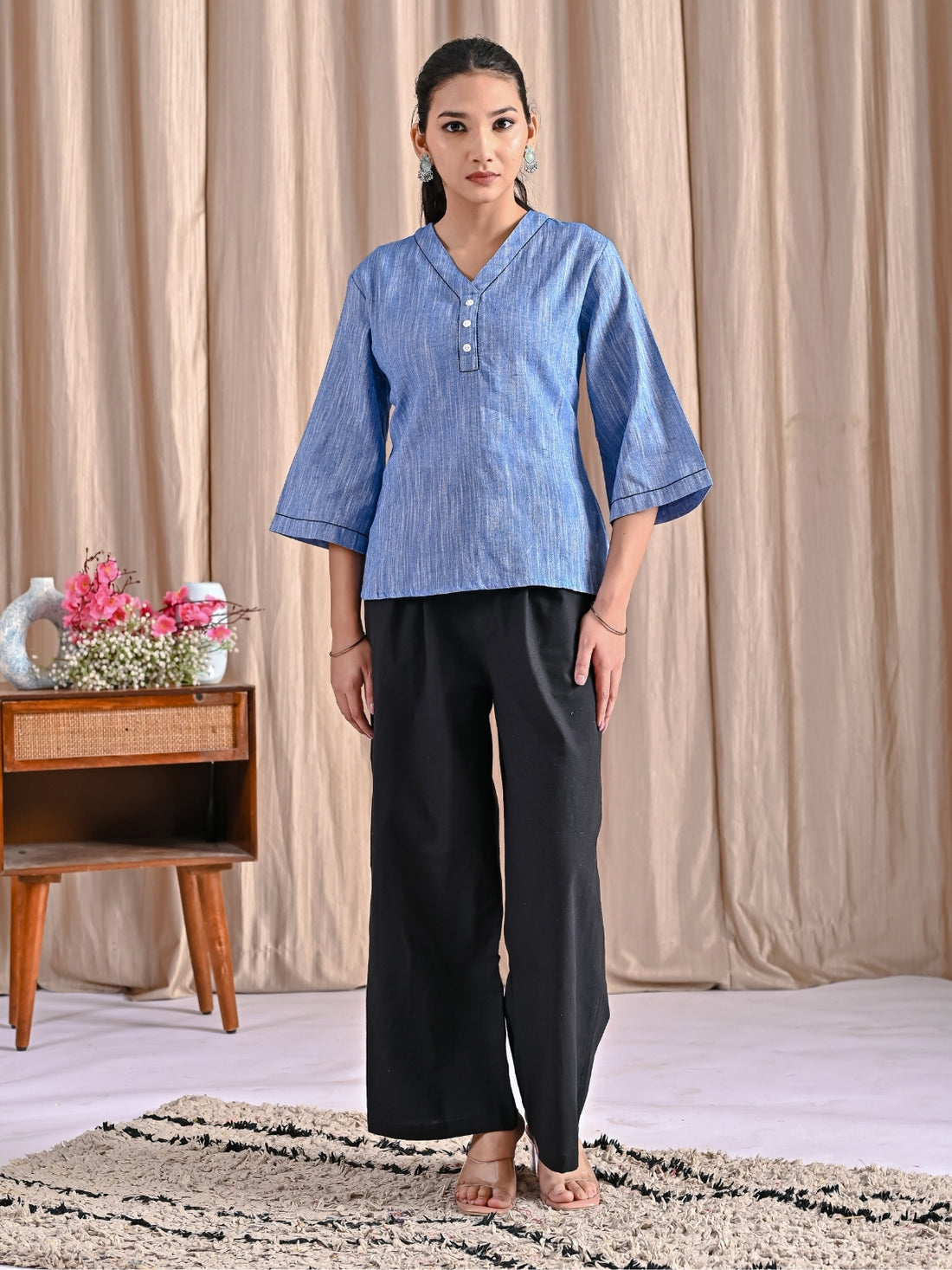 Denim Blue Handloom Cotton Anchor Thread Designer Top