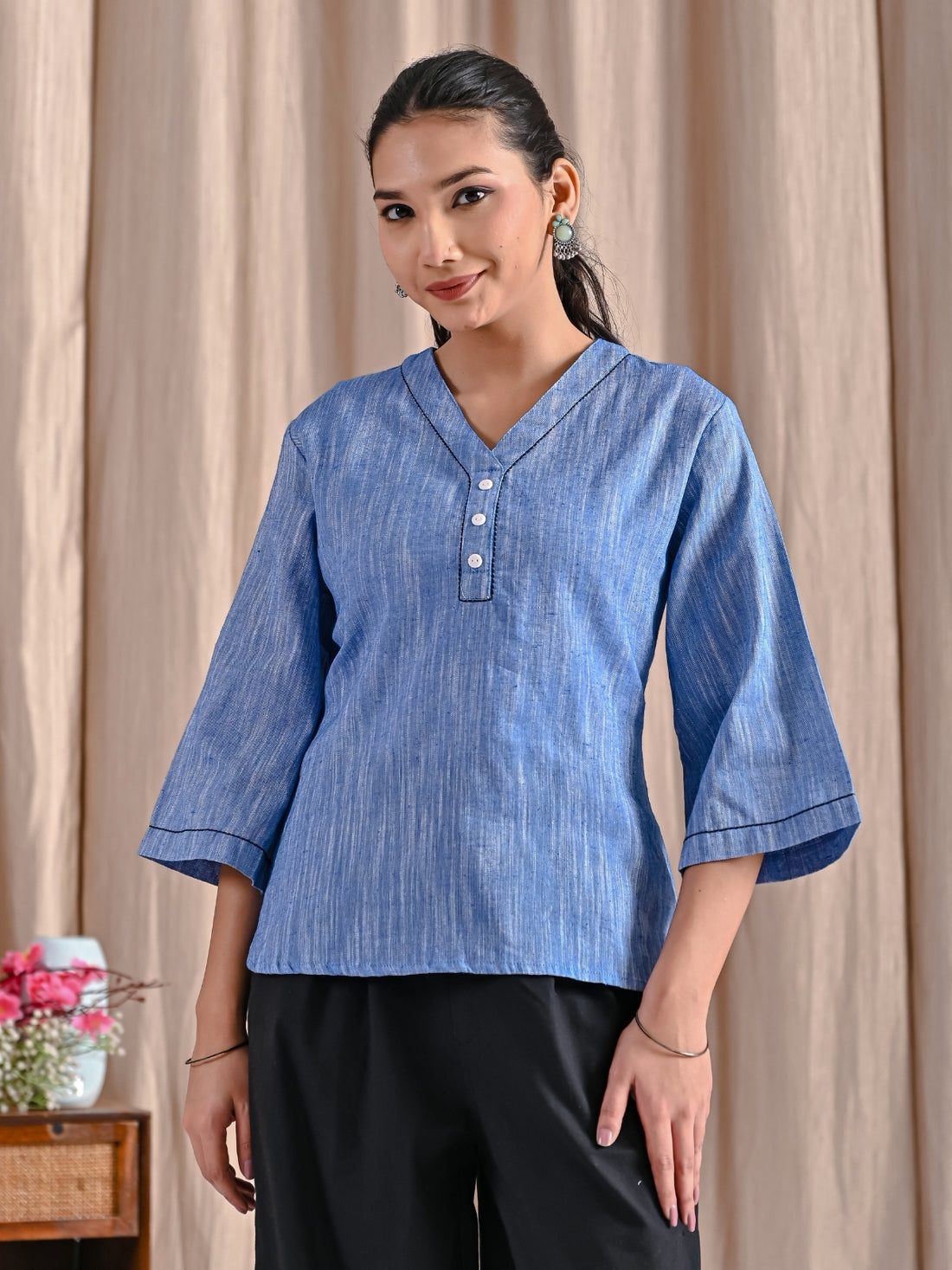 Pack Of 2 Denim Blue And Teal Blue Handloom Cotton Anchor Thread Designer Tops