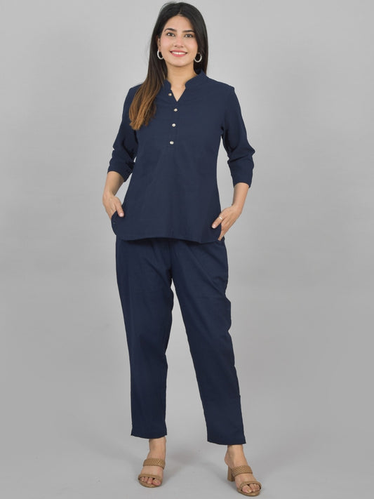 Quaclo Womens Solid Dark Blue Cotton Top-Pyjama Co-Ords Set