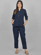 Womens Solid Dark Blue Cotton Top-Pyjama Co-Ords Set