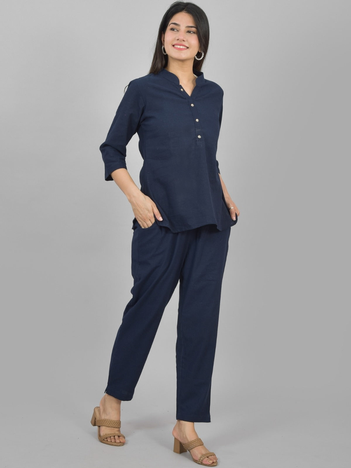 Quaclo Womens Solid Dark Blue Cotton Top-Pyjama Co-Ords Set