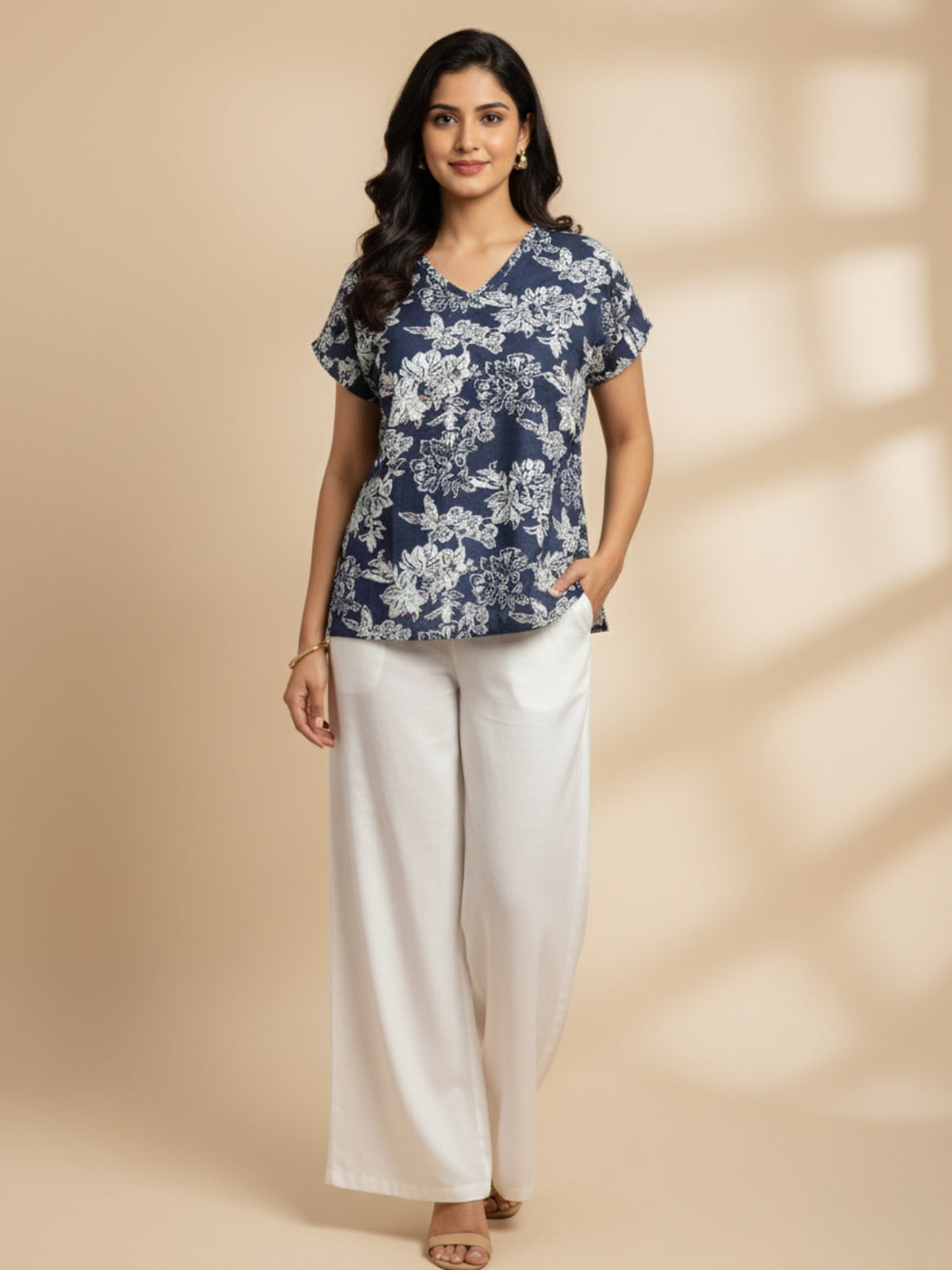 Dark Grey Airy Linen Cotton Printed Short Kurti/Top