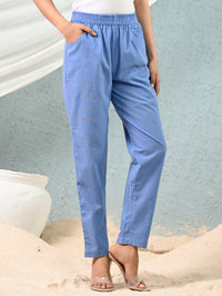 Women's Denim Blue Regular Fit Elastic Cotton Trouser