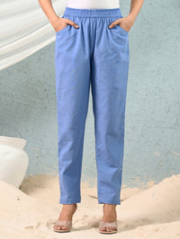 Women's Denim Blue Regular Fit Elastic Cotton Trouser