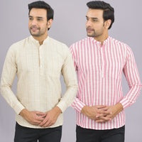 Pack Of 2 Mens Brown And Grey Stripe Linen Slub Short Kurta