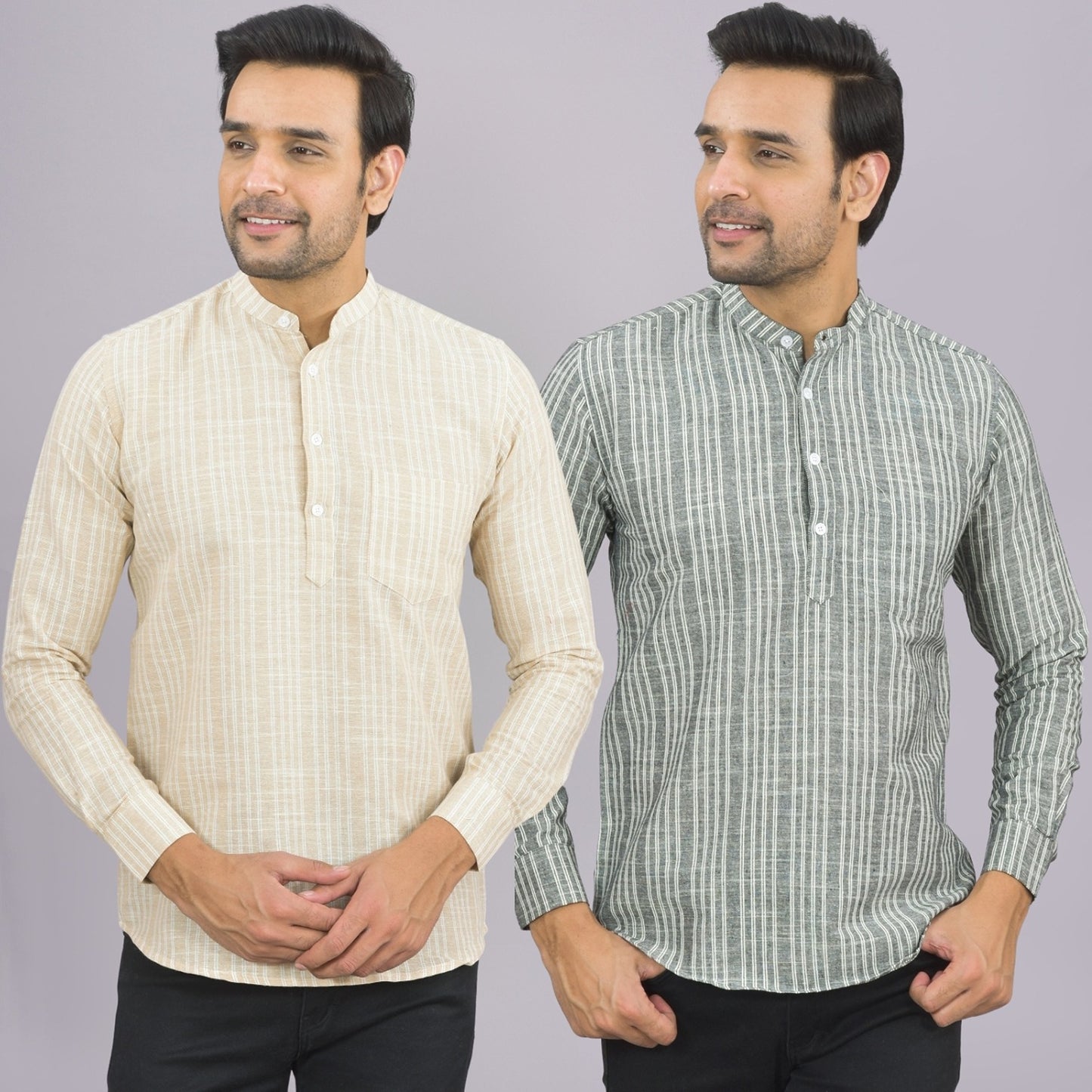 Pack Of 2 Mens Brown And Grey Stripe Linen Slub Short Kurta