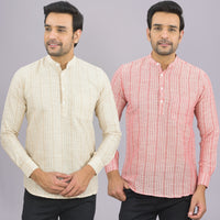 Pack Of 2 Mens Brown And Grey Stripe Linen Slub Short Kurta