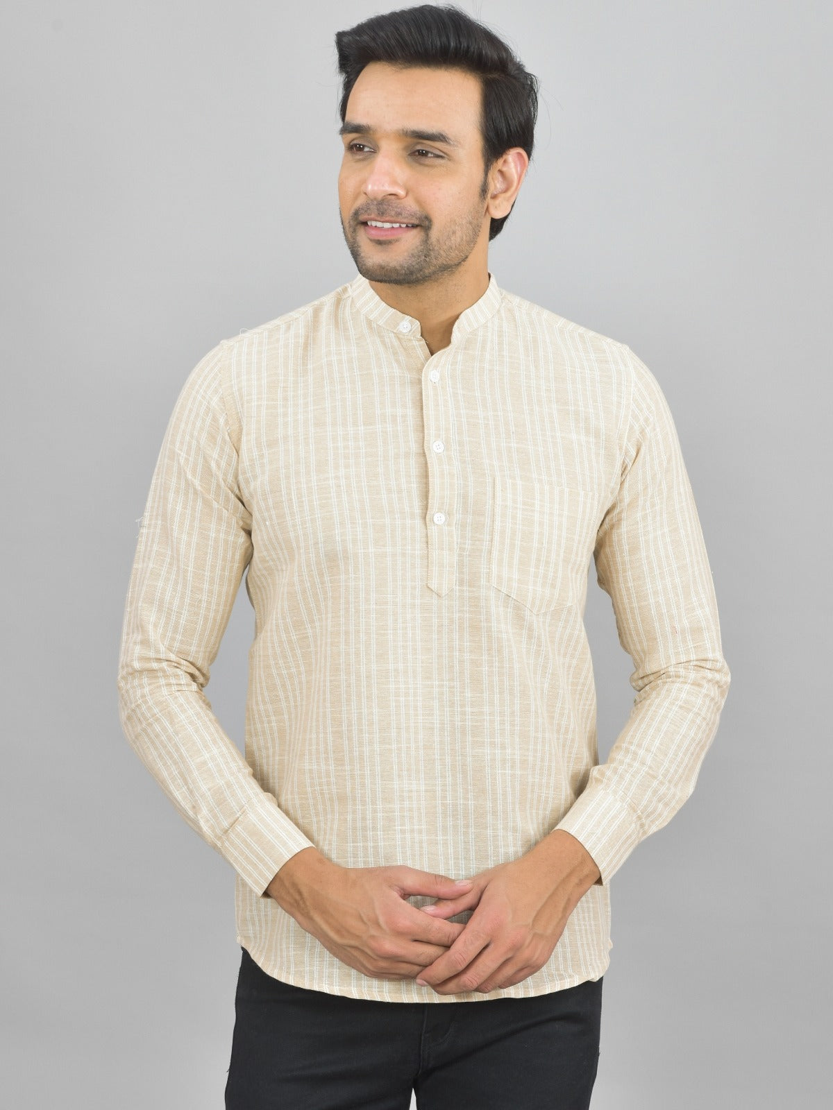 Mens Regular Fit Brown Striped Linen Slub Short Kurta