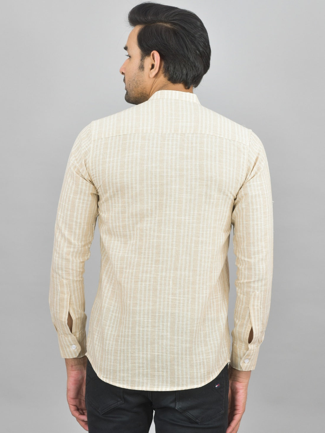 Regular Fit Brown Stripes Linen Slub Short Kurta