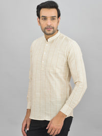 Mens Regular Fit Brown Striped Linen Slub Short Kurta