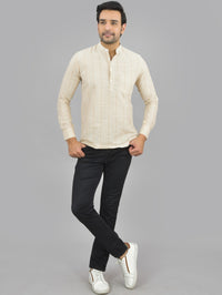 Mens Regular Fit Brown Striped Linen Slub Short Kurta