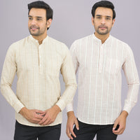 Pack Of 2 Mens Brown And Grey Stripe Linen Slub Short Kurta