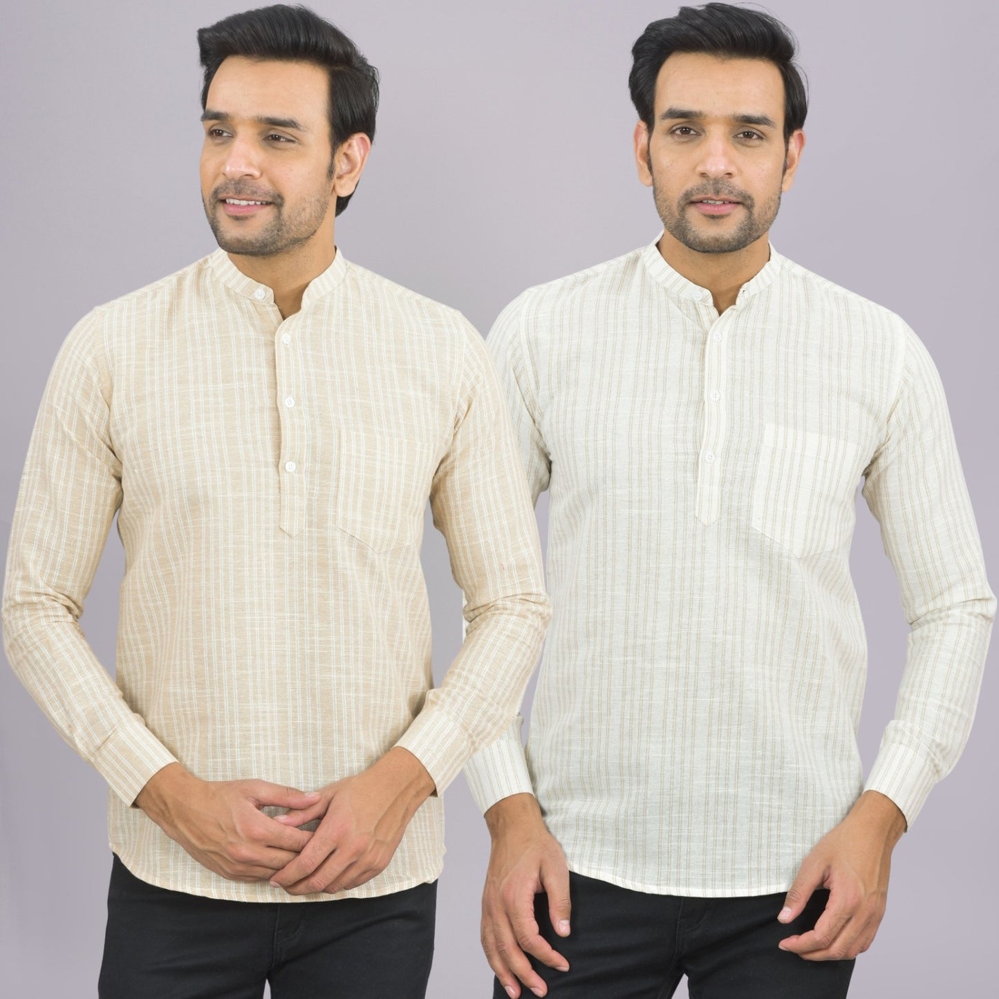 Pack Of 2 Mens Brown And Grey Stripe Linen Slub Short Kurta