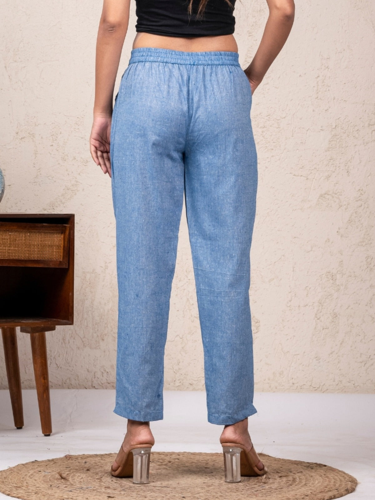 Women Solid Denim Blue South Cotton Trouser