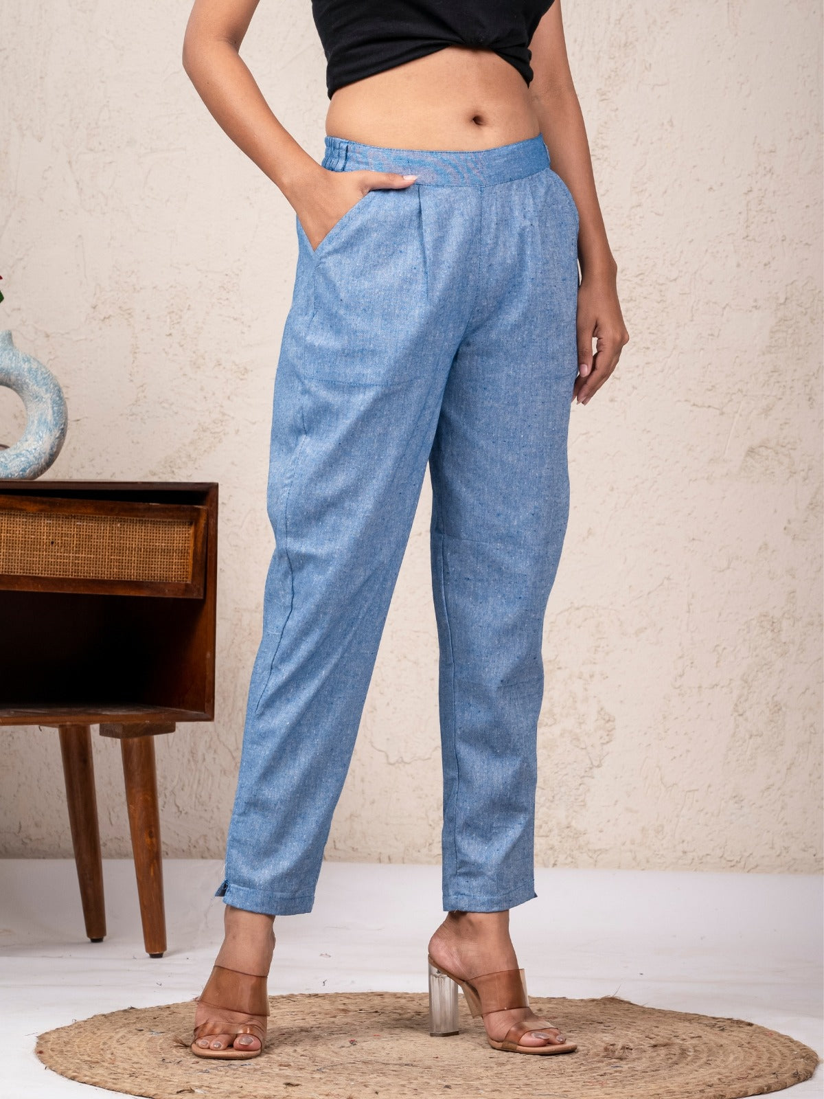 Women Solid Denim Blue South Cotton Trouser