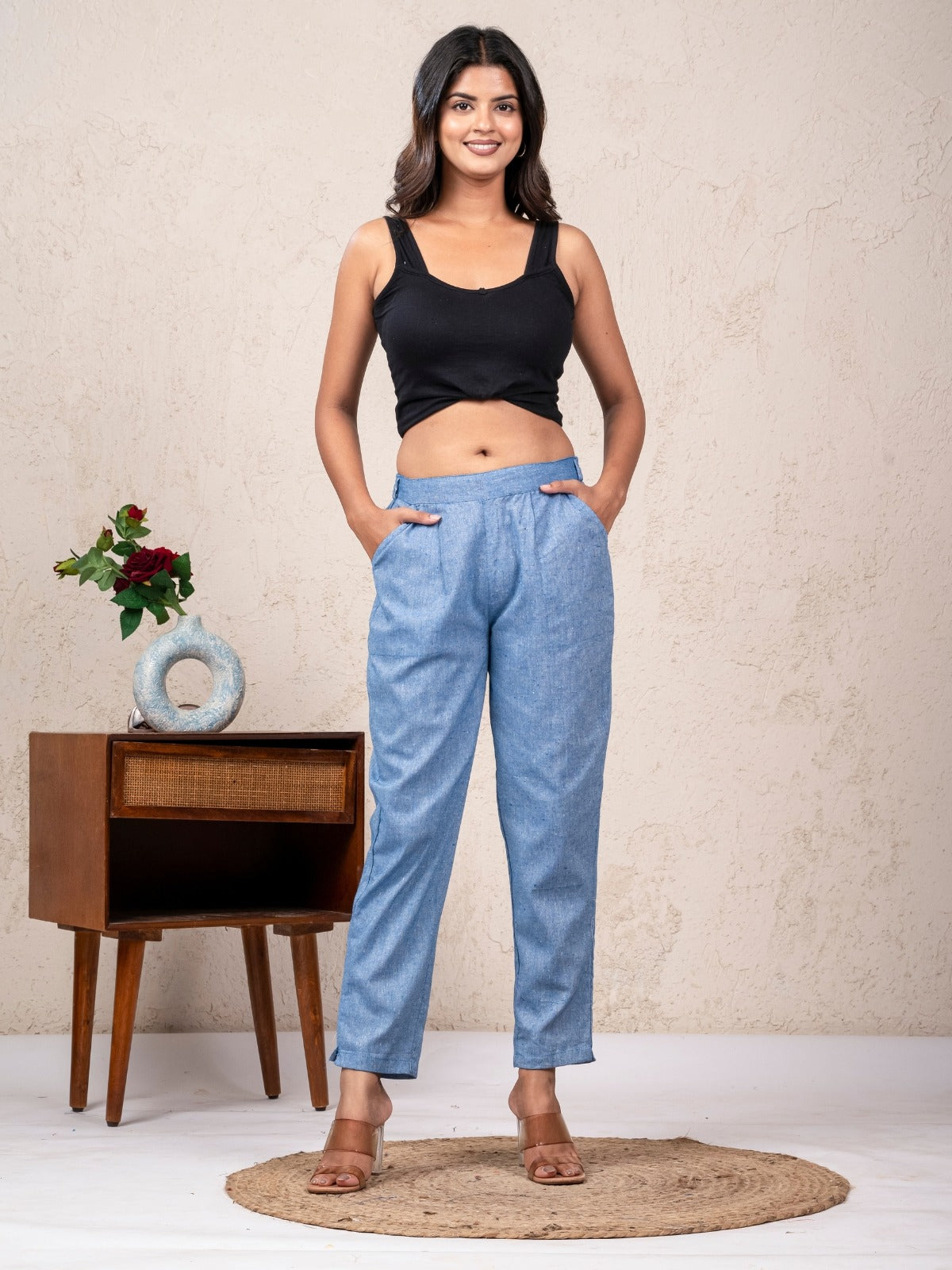 Women Solid Denim Blue South Cotton Trouser