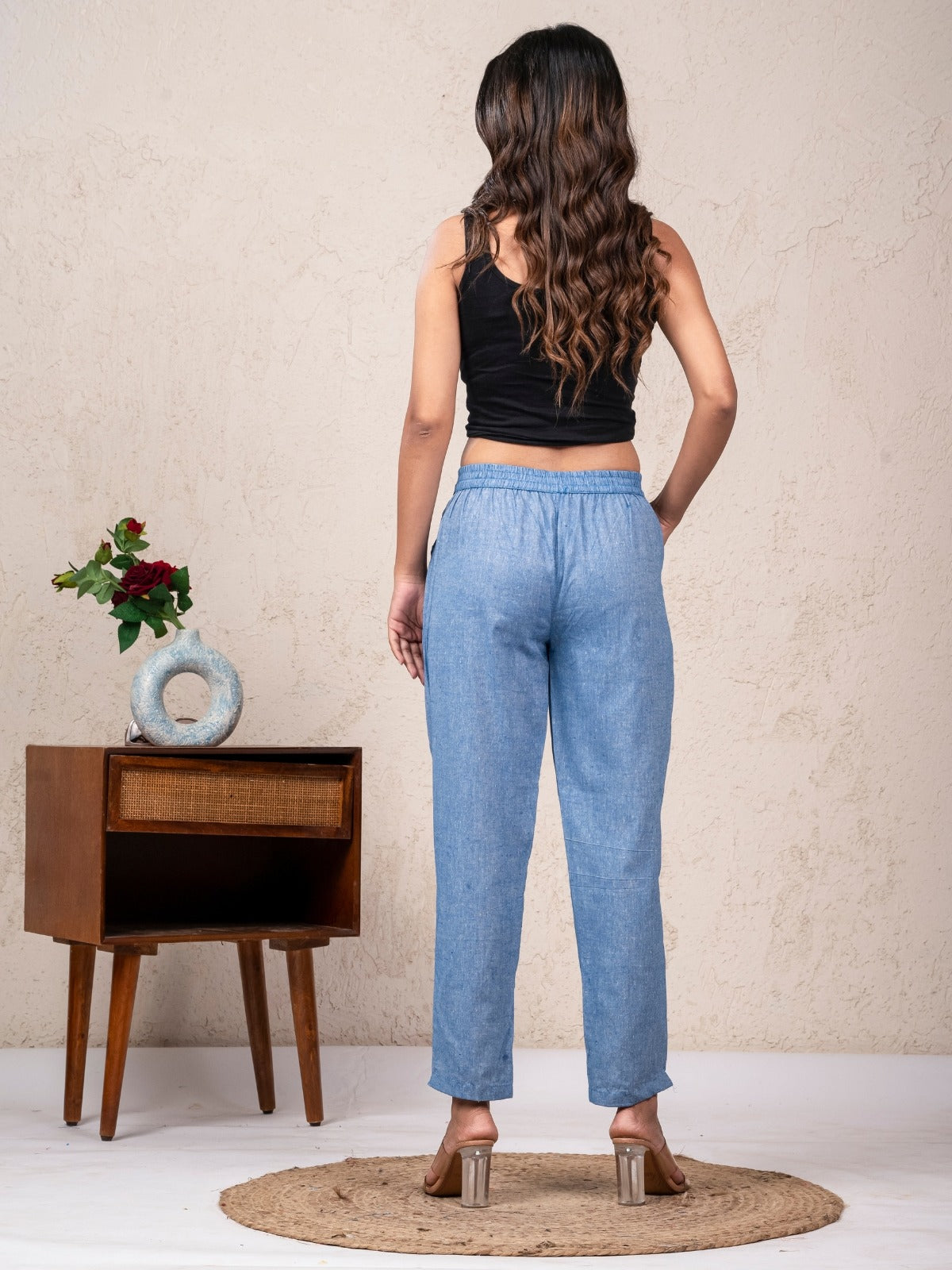 Women Solid Denim Blue South Cotton Trouser