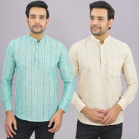 Pack Of 2 Mens Brown And Grey Stripe Linen Slub Short Kurta