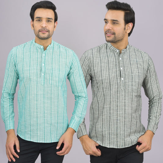 Pack Of 2 Mens Brown And Grey Stripe Linen Slub Short Kurta