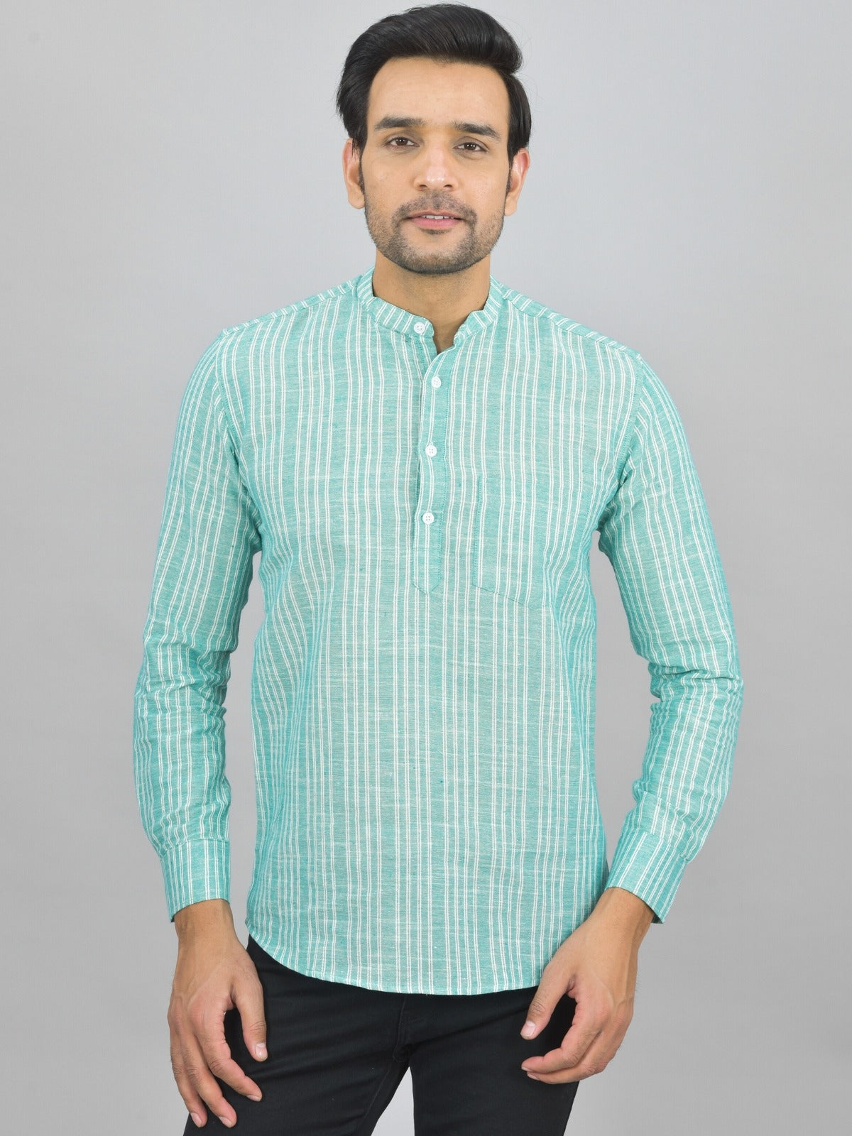 Mens Regular Fit Green Striped Linen Slub Short Kurta