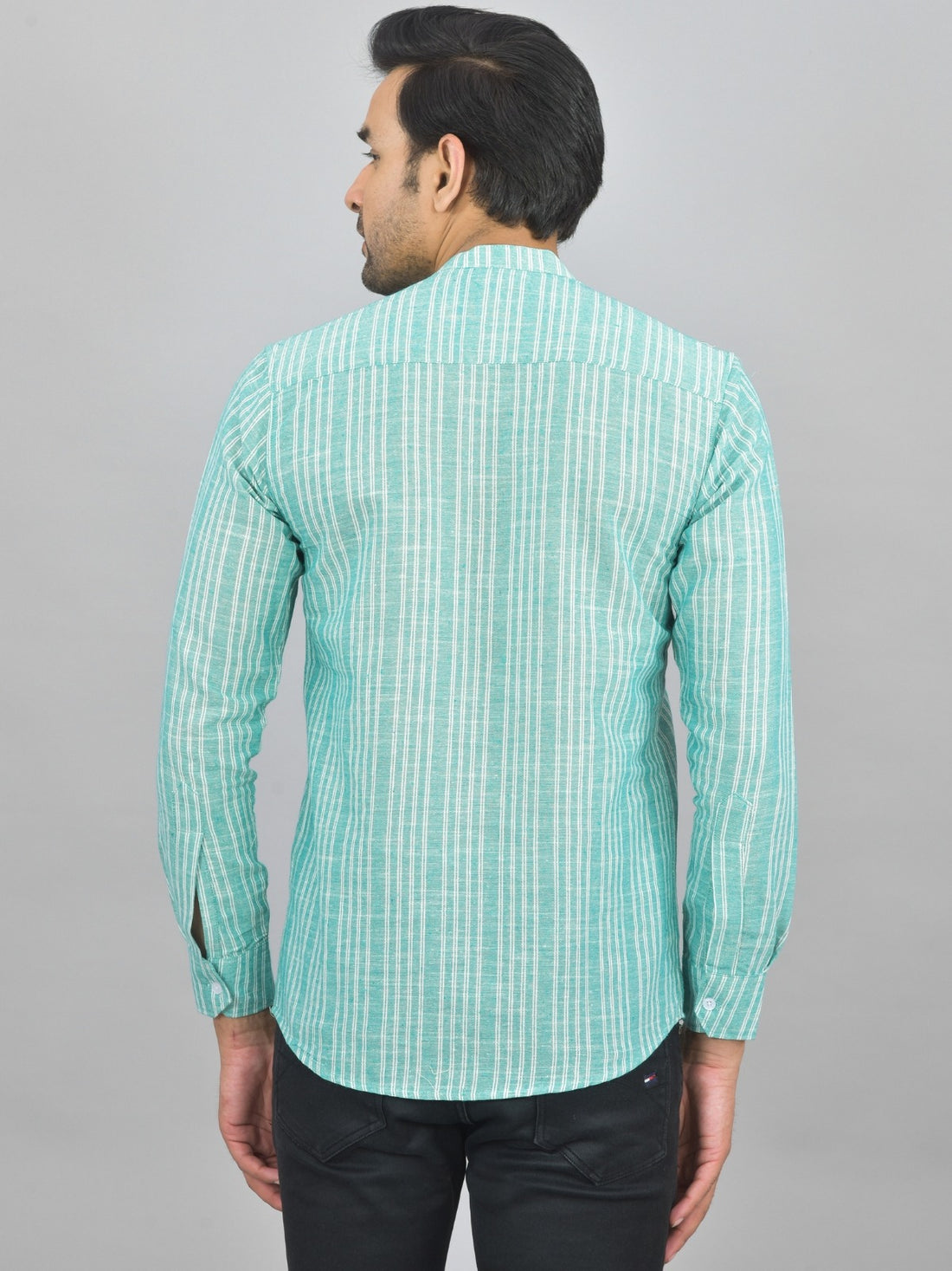 Regular Fit Green Stripes Linen Slub Short Kurta