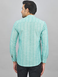 Mens Regular Fit Green Striped Linen Slub Short Kurta