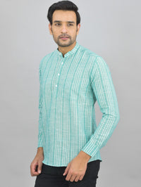 Mens Regular Fit Green Striped Linen Slub Short Kurta