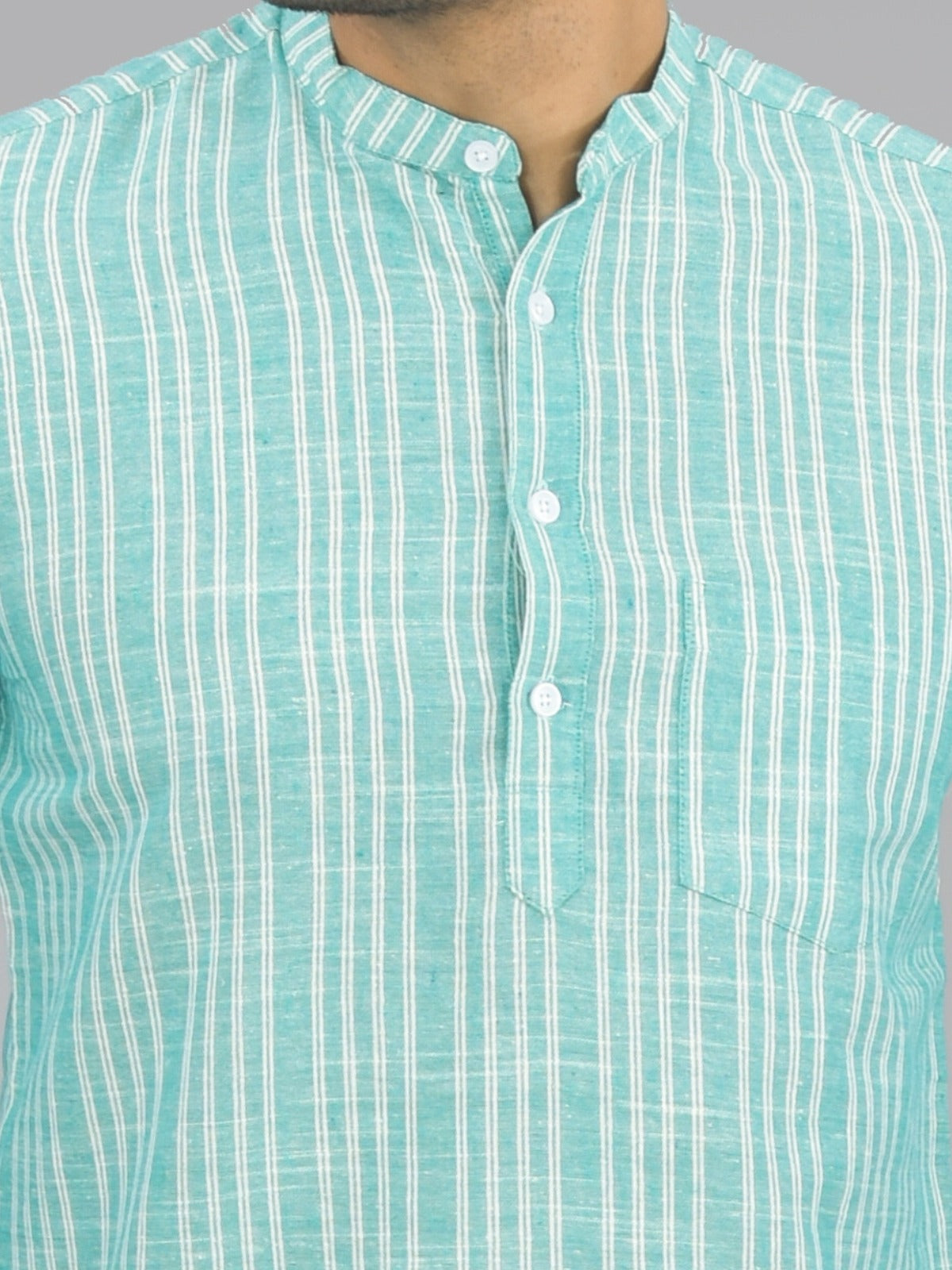 Mens Regular Fit Green Striped Linen Slub Short Kurta