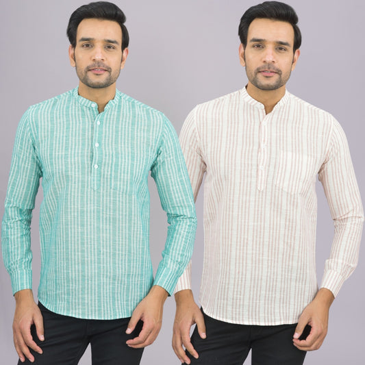 Pack Of 2 Mens Brown And Grey Stripe Linen Slub Short Kurta