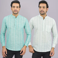 Pack Of 2 Mens Brown And Grey Stripe Linen Slub Short Kurta