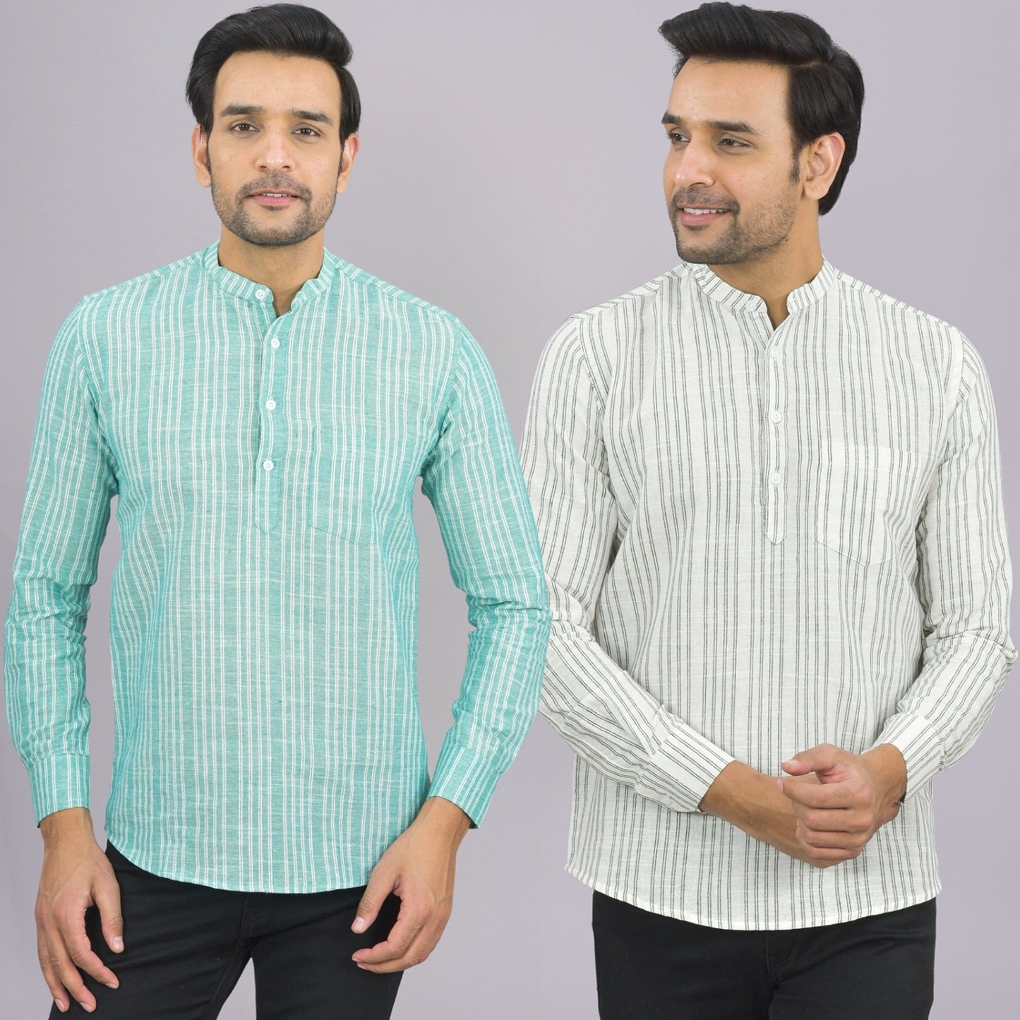 Pack Of 2 Mens Brown And Grey Stripe Linen Slub Short Kurta