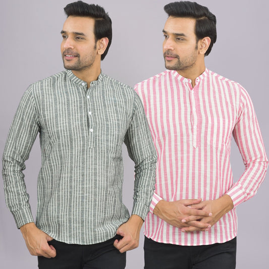 Pack Of 2 Mens Brown And Grey Stripe Linen Slub Short Kurta