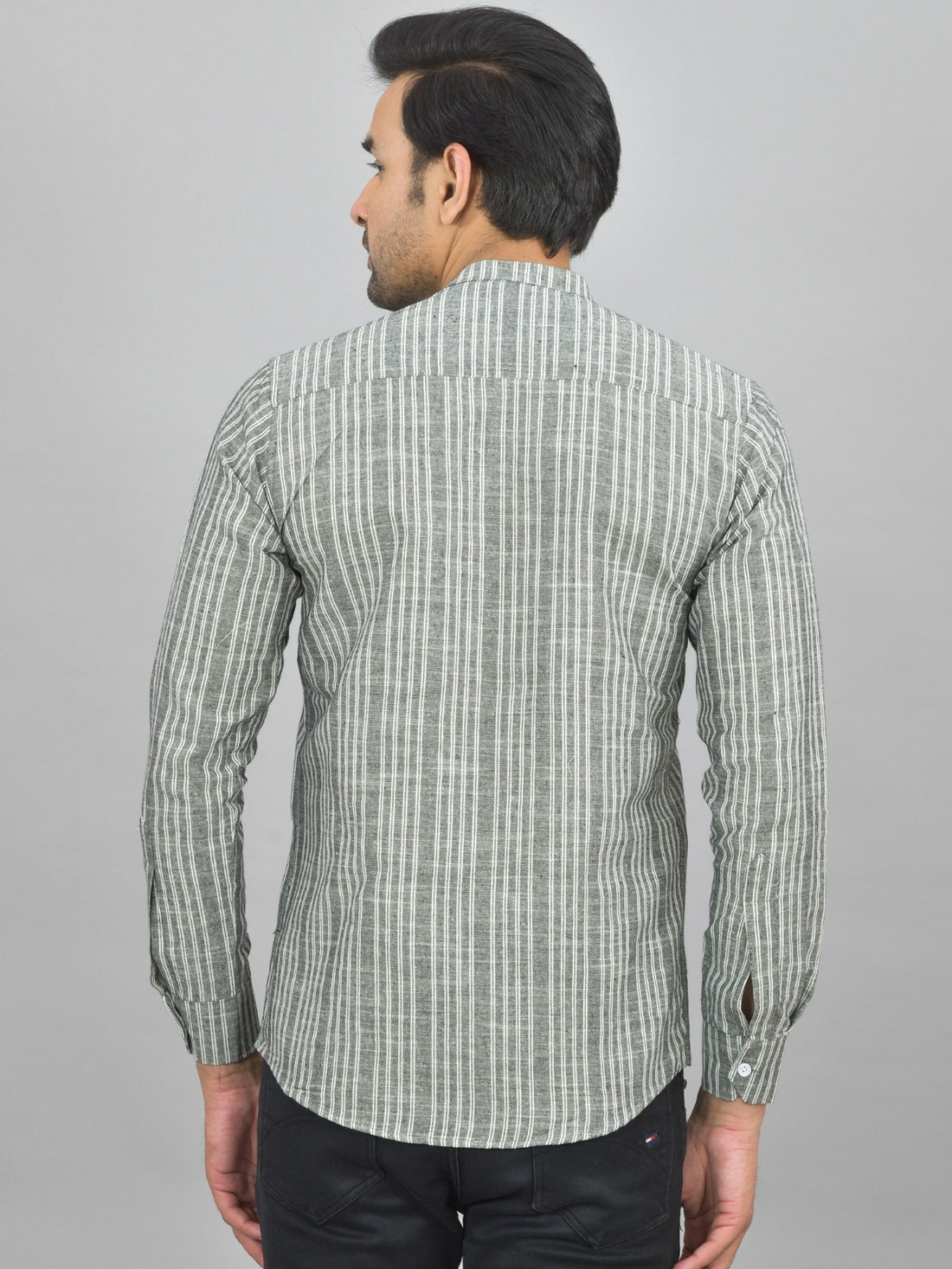 Regular Fit Grey Stripes Linen Slub Short Kurta