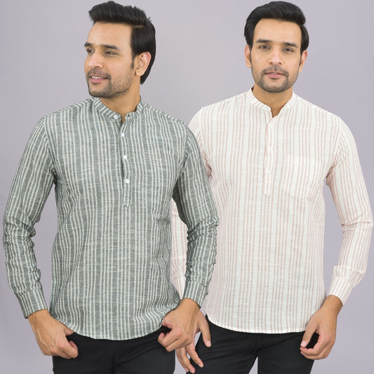 Pack Of 2 Mens Brown And Grey Stripe Linen Slub Short Kurta