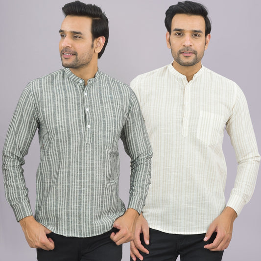 Pack Of 2 Mens Brown And Grey Stripe Linen Slub Short Kurta