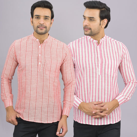 Pack Of 2 Mens Red And Pink Stripe Linen Slub Short Kurta